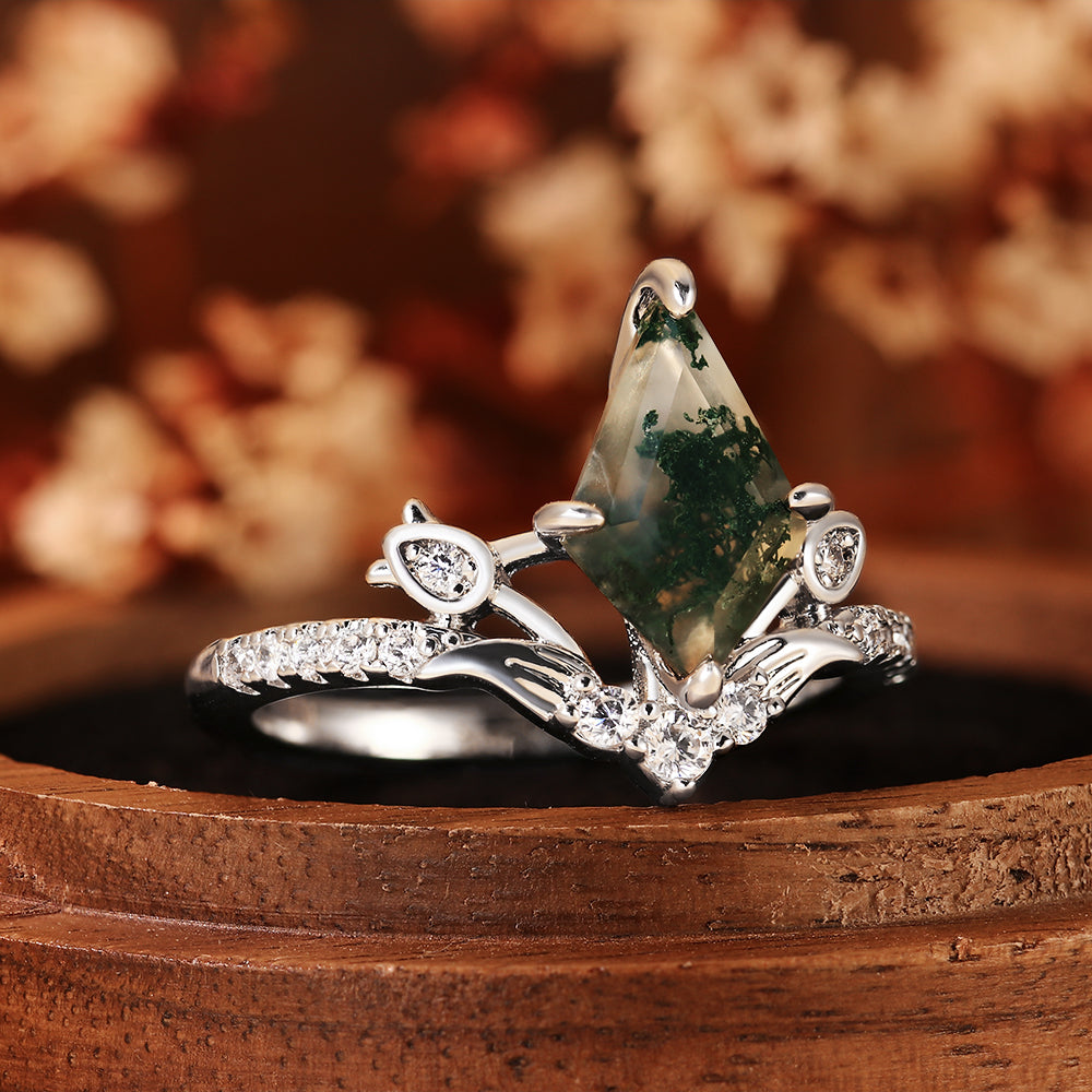 Elven Inspired Unique Kite Cut Moss Agate Engagement Ring