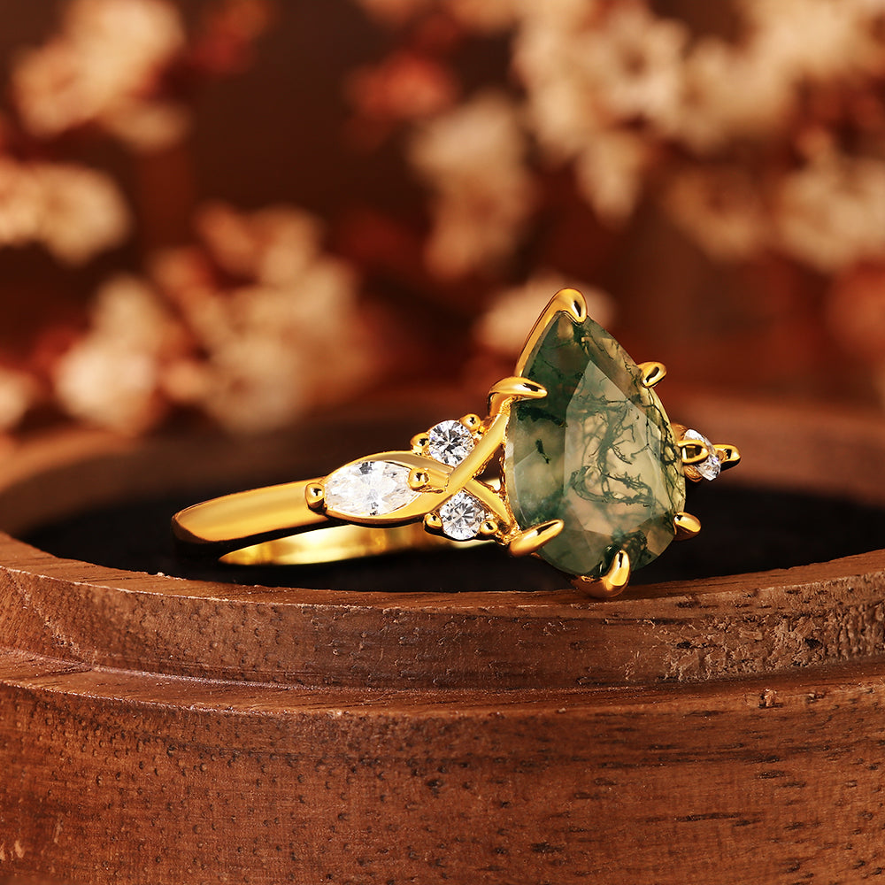 Pear Cut Moss Agate Nature Inspired Unique Teardrop Cluster Engagement Ring