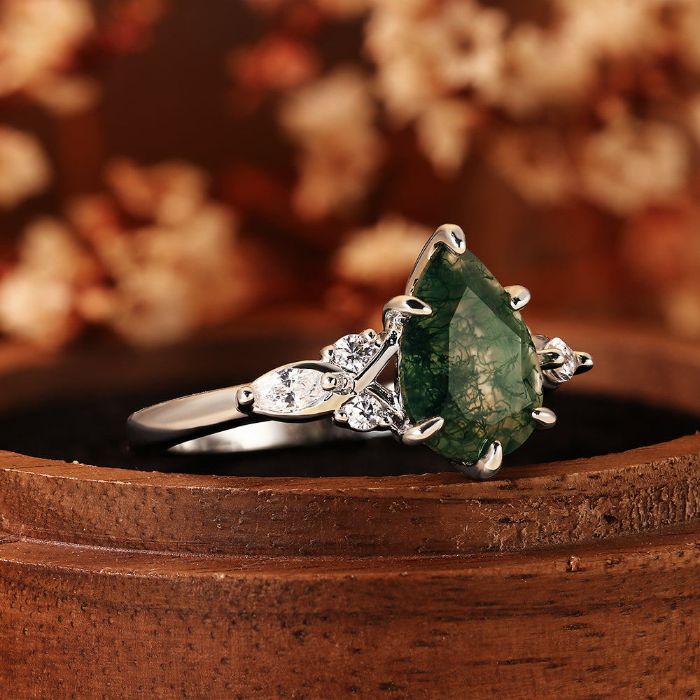 Pear Cut Moss Agate Nature Inspired Unique Teardrop Cluster Engagement Ring