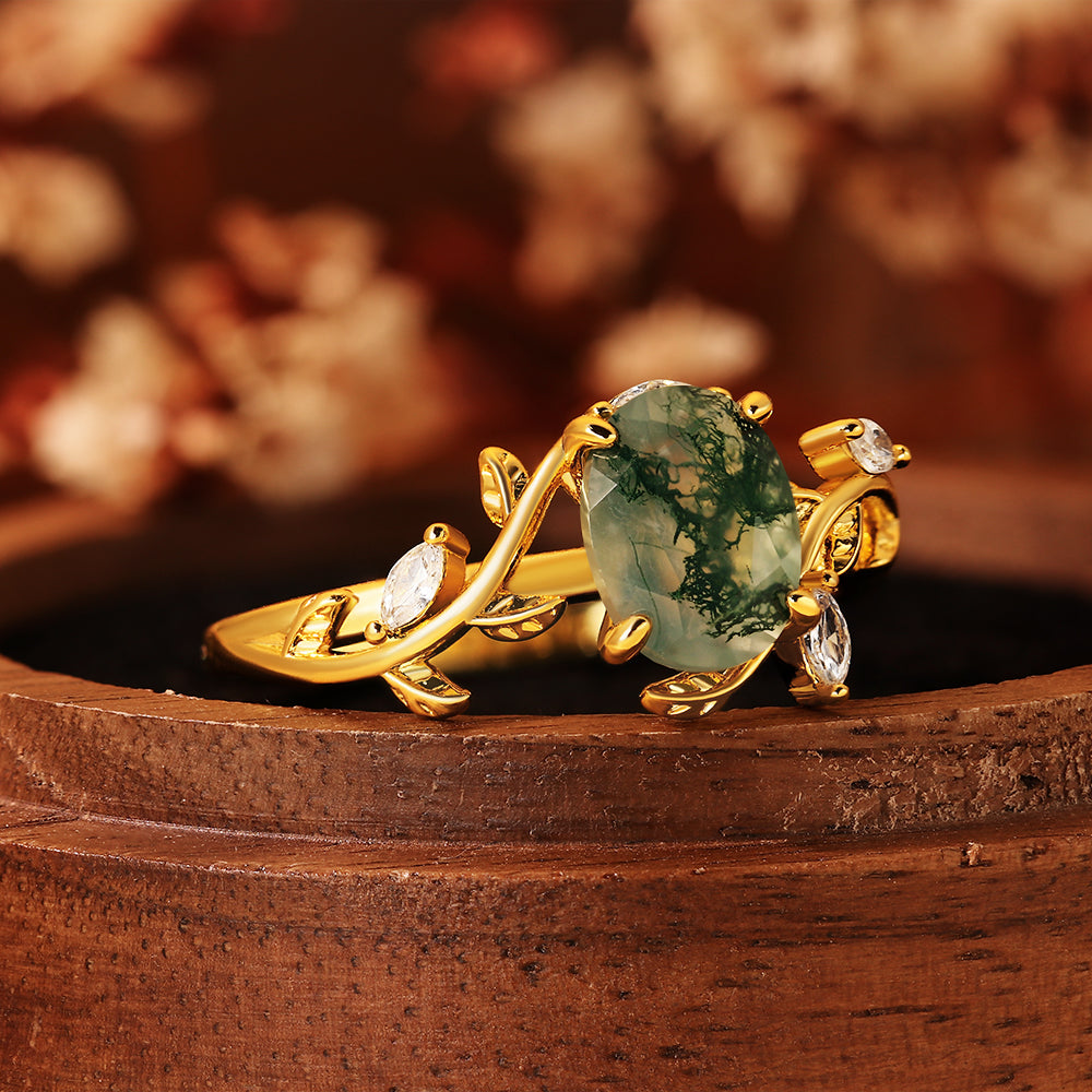 Oval Cut Moss Agate Nature Inspired Leaf Vine Twig Engagement Ring