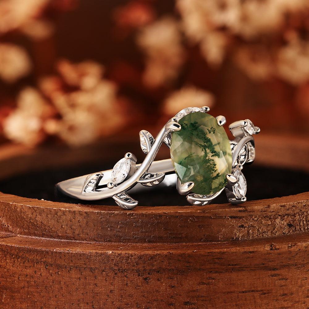Oval Cut Moss Agate Nature Inspired Leaf Vine Twig Engagement Ring