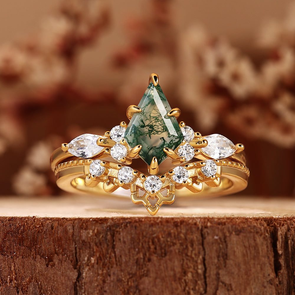Vintage Nature Inspired Kite Cut Moss Agate Bridal Ring Set with Curved Matching Band