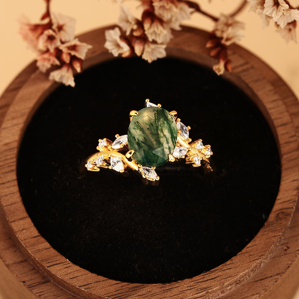 Vintage Oval Moss Agate Engagement Ring Nature Inspired Vine Cluster Ring