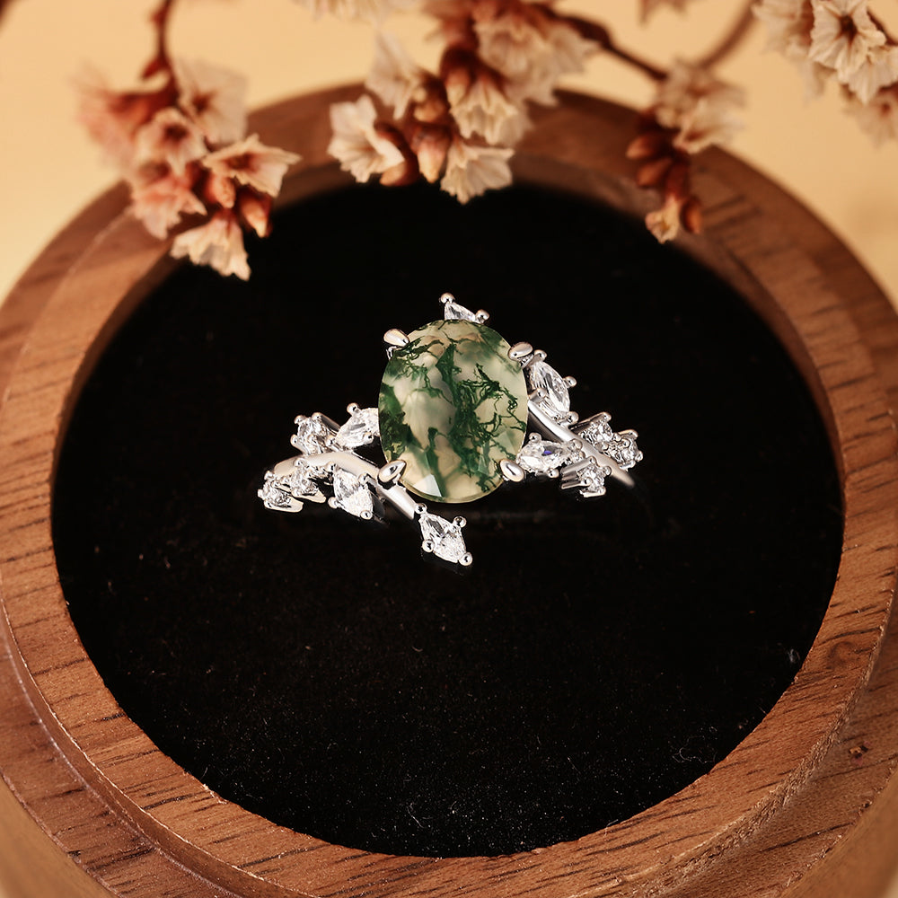 Vintage Oval Moss Agate Engagement Ring Nature Inspired Vine Cluster Ring