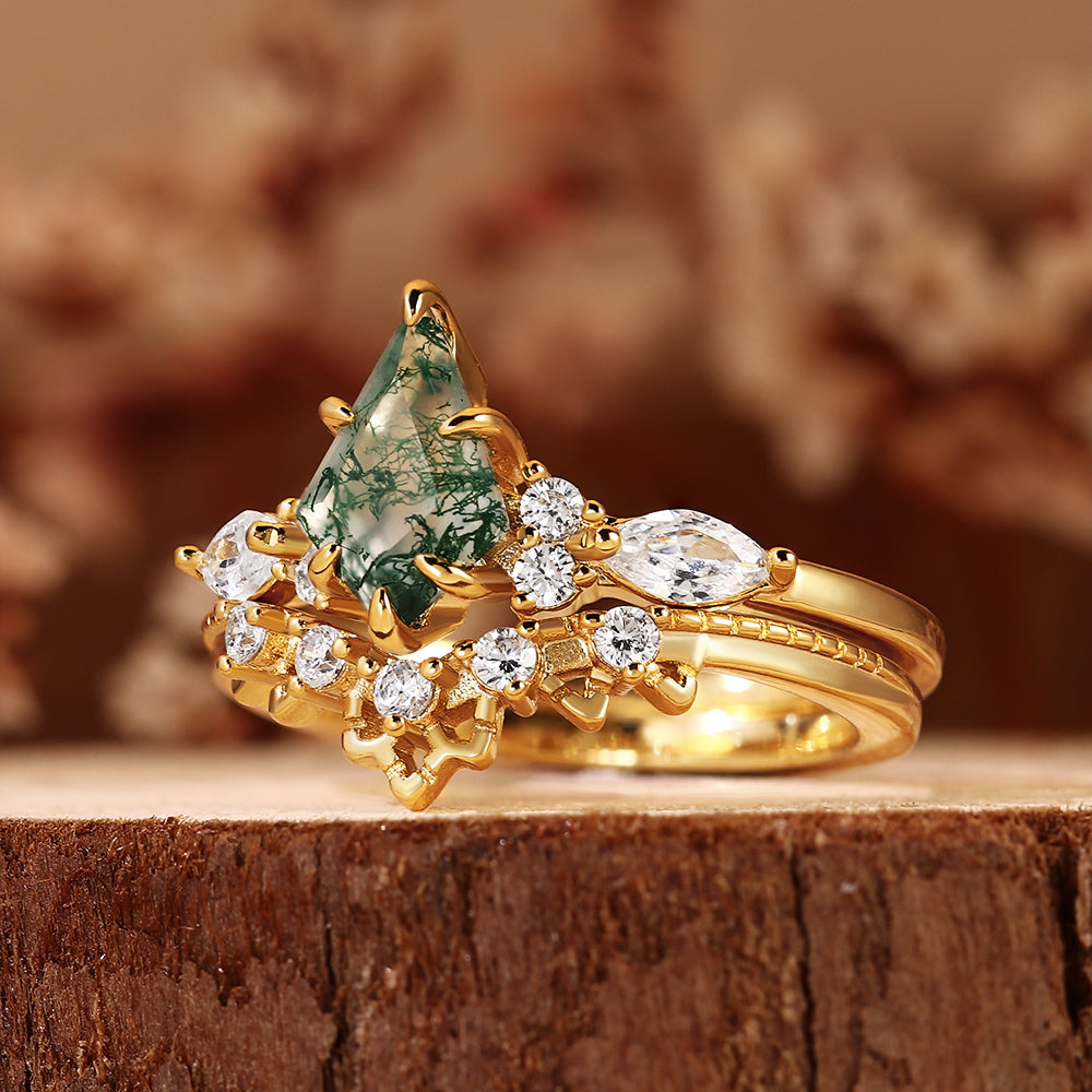 Vintage Nature Inspired Kite Cut Moss Agate Bridal Ring Set with Curved Matching Band