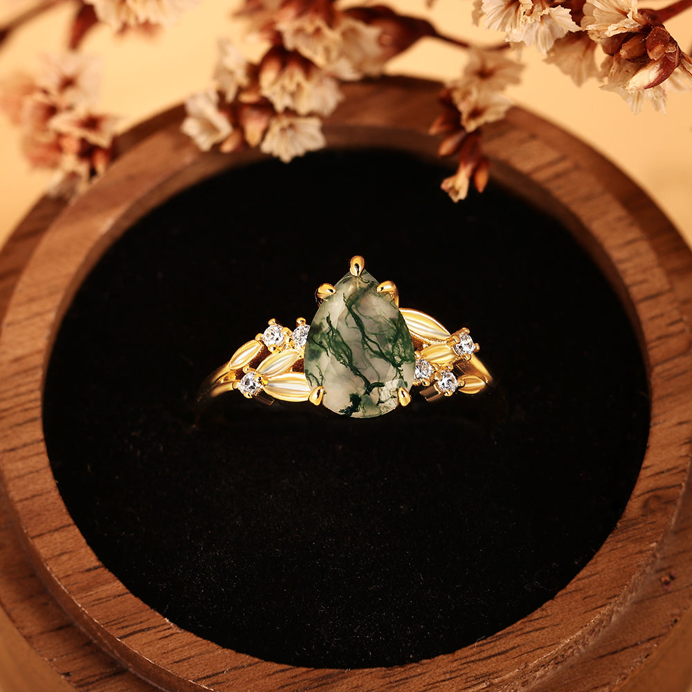 Unique Pear Shaped Moss Agate Nature Inspired Leaf Cluster Engagement Ring