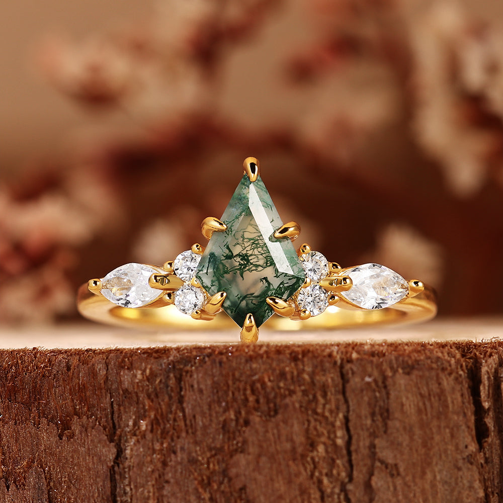 Nature Inspired Kite Cut Moss Agate Boho Engagement Ring