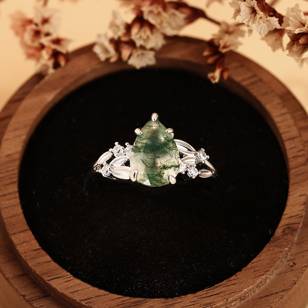 Unique Pear Shaped Moss Agate Nature Inspired Leaf Cluster Engagement Ring