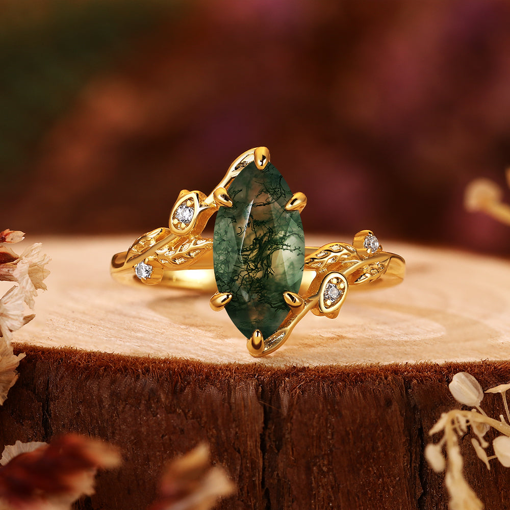 Ethereal Marquise Moss Agate Ring - Vintage Forest Inspired Leaf Design - Unique Anniversary or Promise Gift