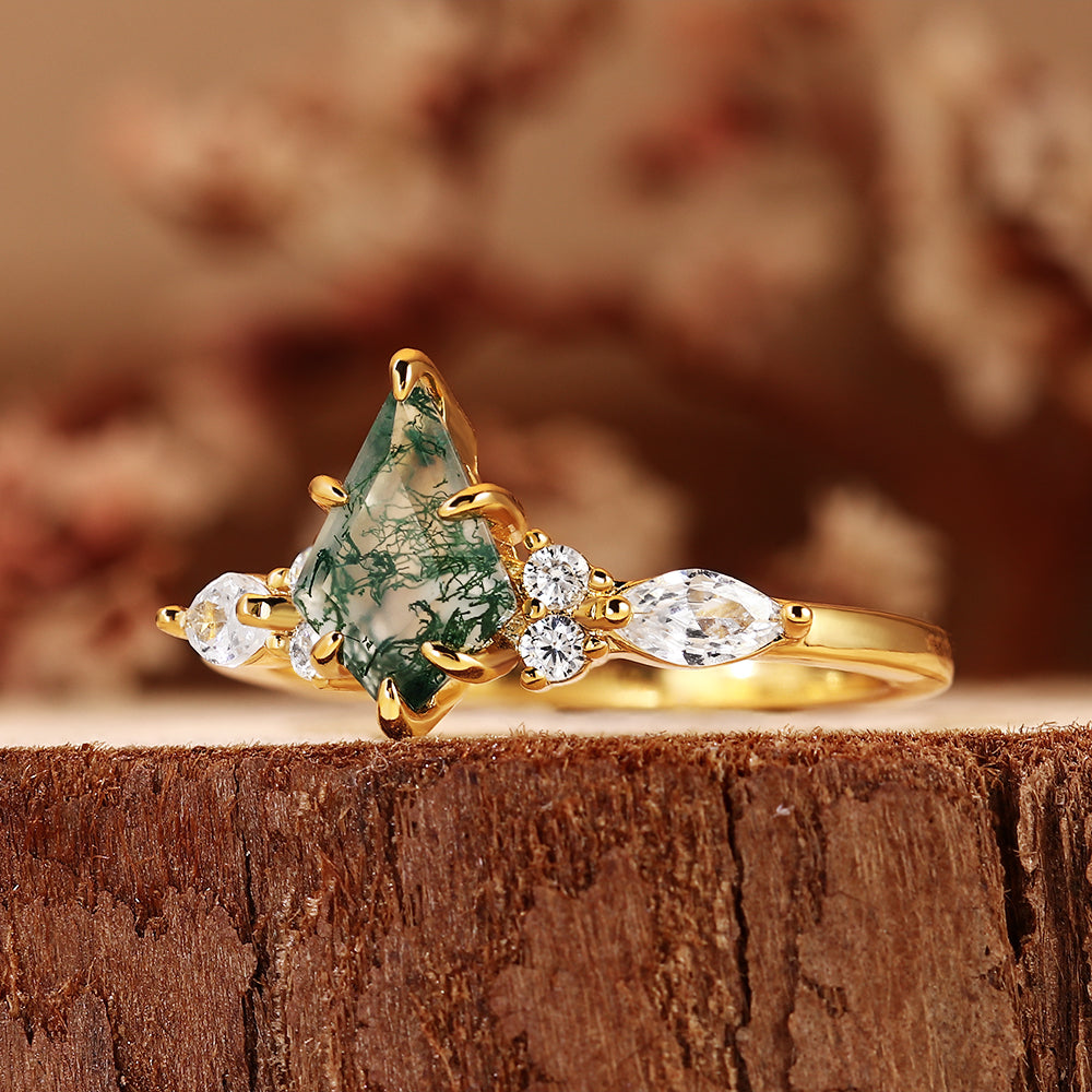 Nature Inspired Kite Cut Moss Agate Boho Engagement Ring