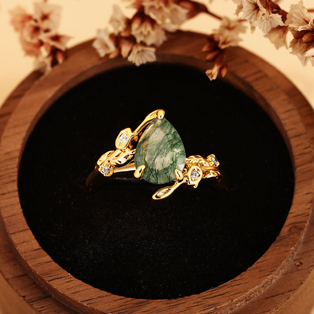 Nature Inspired Pear Cut Moss Agate Unique Forest Style Engagement Ring with Leaf Vine Details