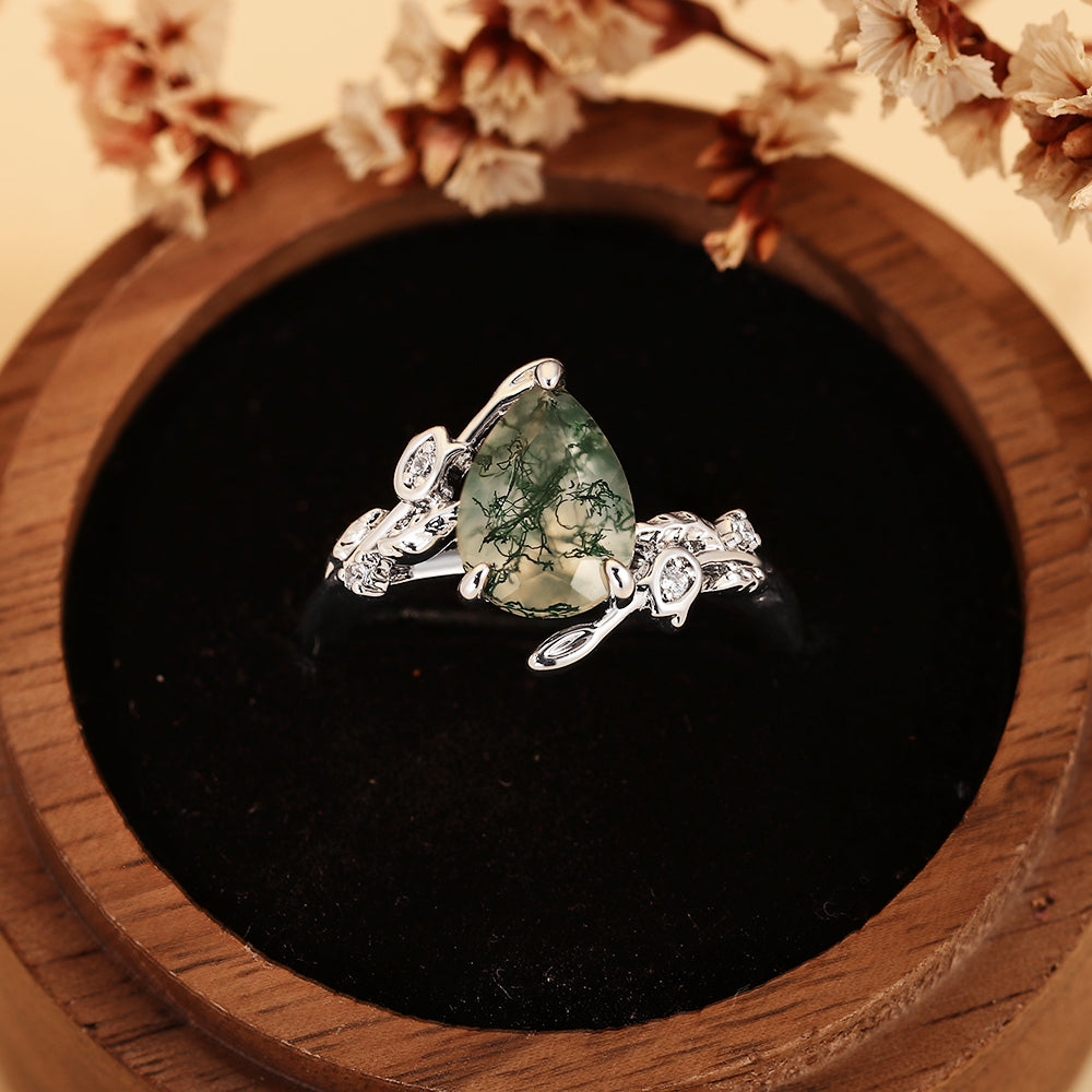 Nature Inspired Pear Cut Moss Agate Unique Forest Style Engagement Ring with Leaf Vine Details