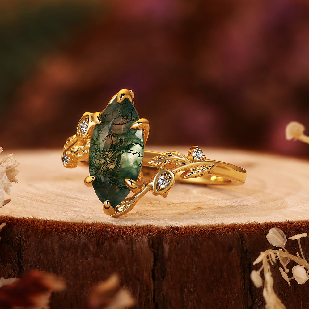 Ethereal Marquise Moss Agate Ring - Vintage Forest Inspired Leaf Design - Unique Anniversary or Promise Gift