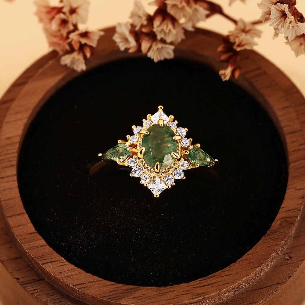 Nature Inspired Vintage Oval Cut Moss Agate Unique Cluster Engagement Ring