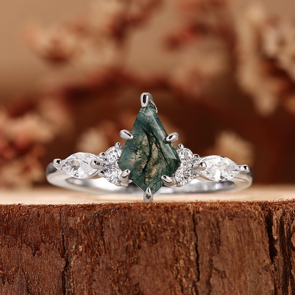 Nature Inspired Kite Cut Moss Agate Boho Engagement Ring