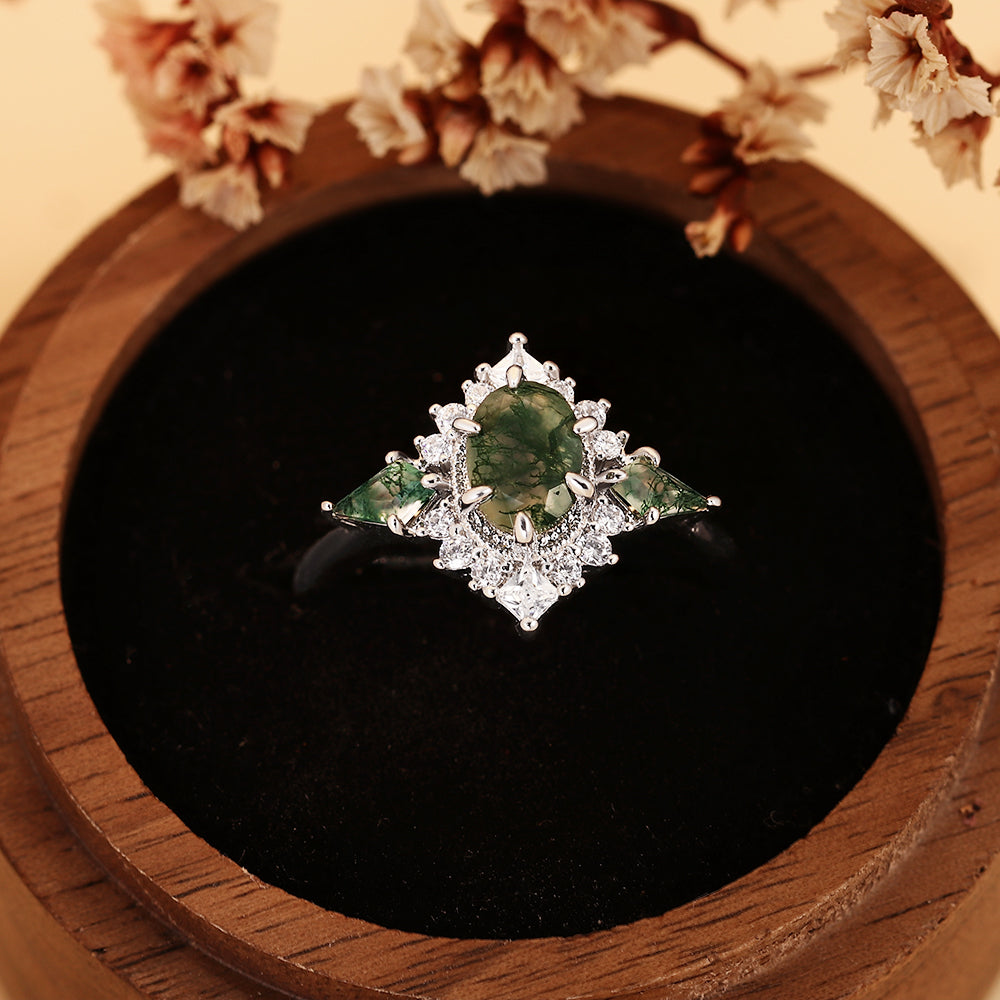 Nature Inspired Vintage Oval Cut Moss Agate Unique Cluster Engagement Ring