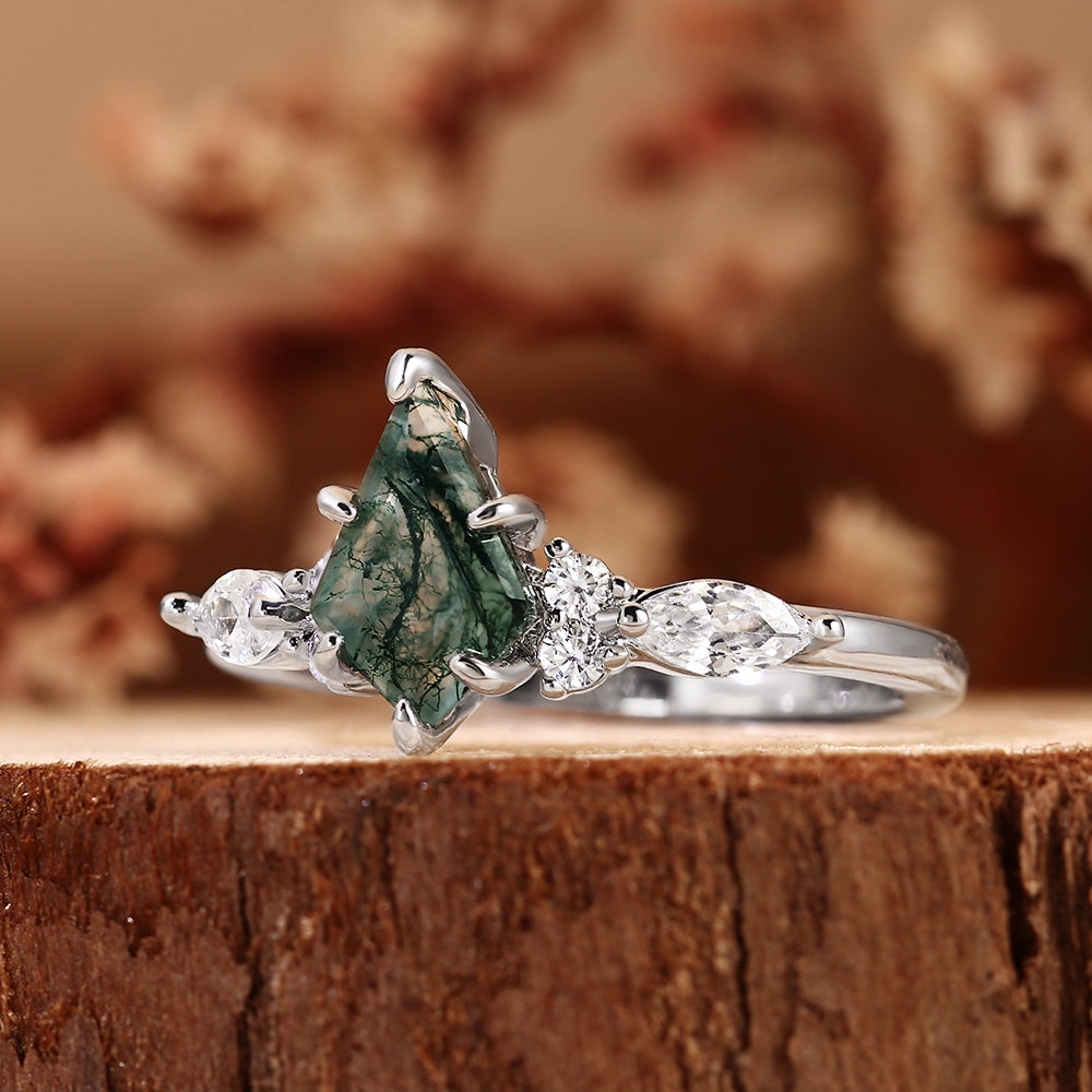 Nature Inspired Kite Cut Moss Agate Boho Engagement Ring