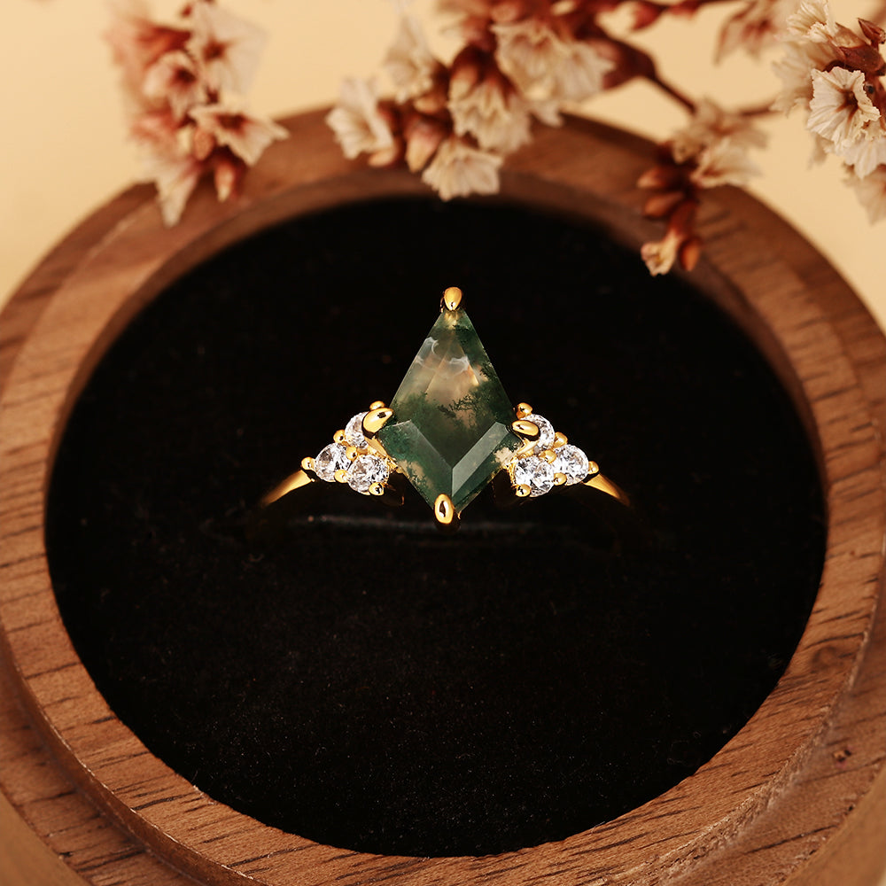 Vintage Kite Cut Moss Agate Cluster Engagement Ring