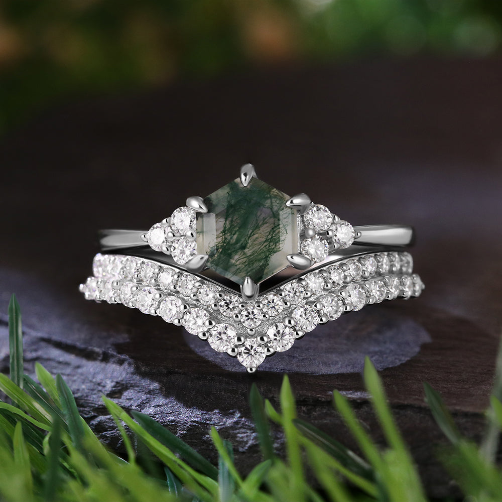 Vintage Unique 6*6 Hexagon Cut Moss Agate Retro Claw 6 Pron Bridal Set