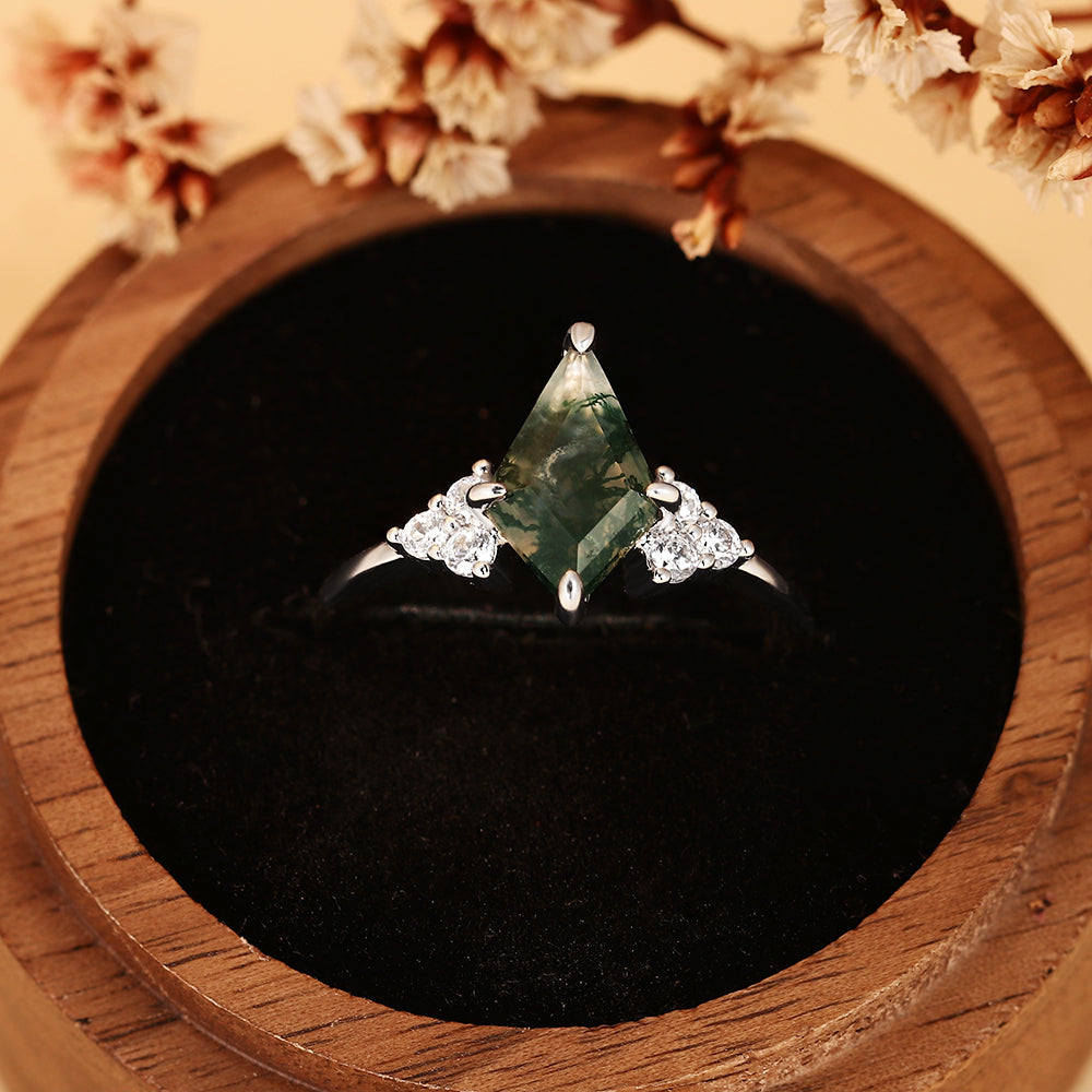Vintage Kite Cut Moss Agate Cluster Engagement Ring