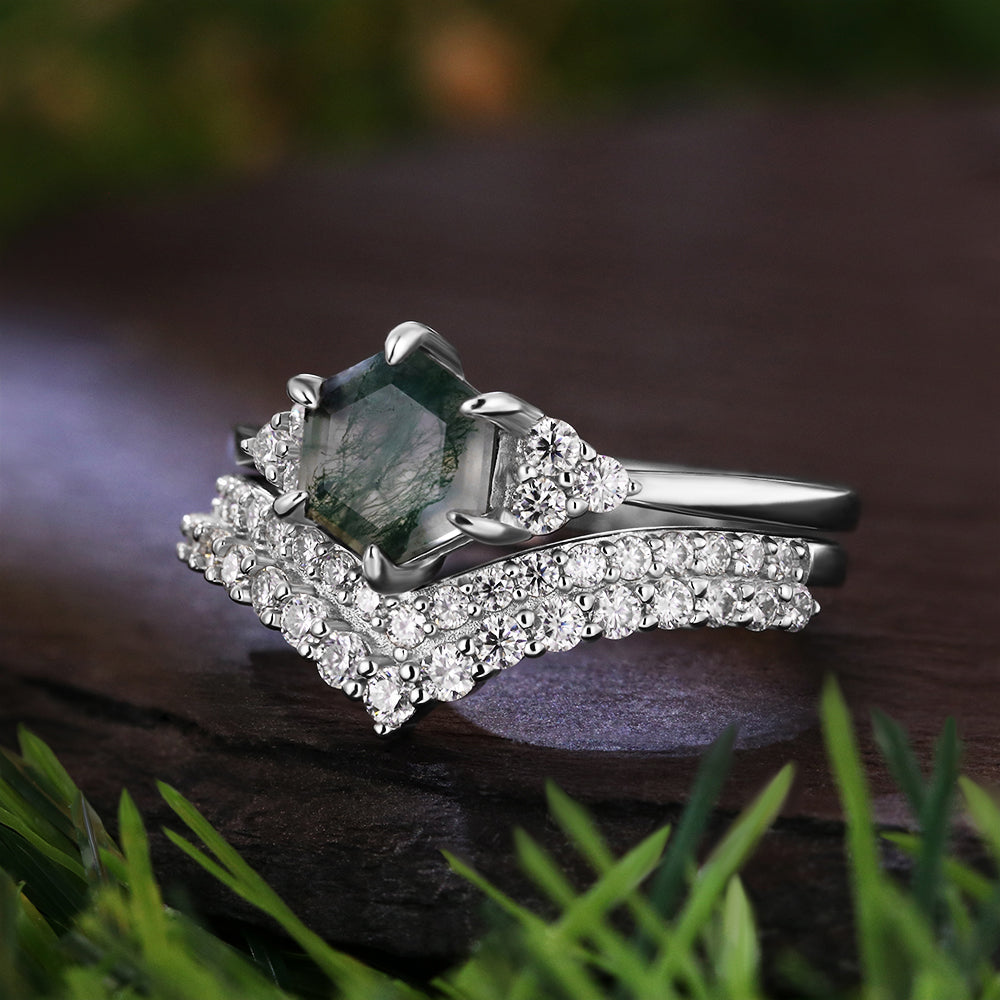 Vintage Unique 6*6 Hexagon Cut Moss Agate Retro Claw 6 Pron Bridal Set