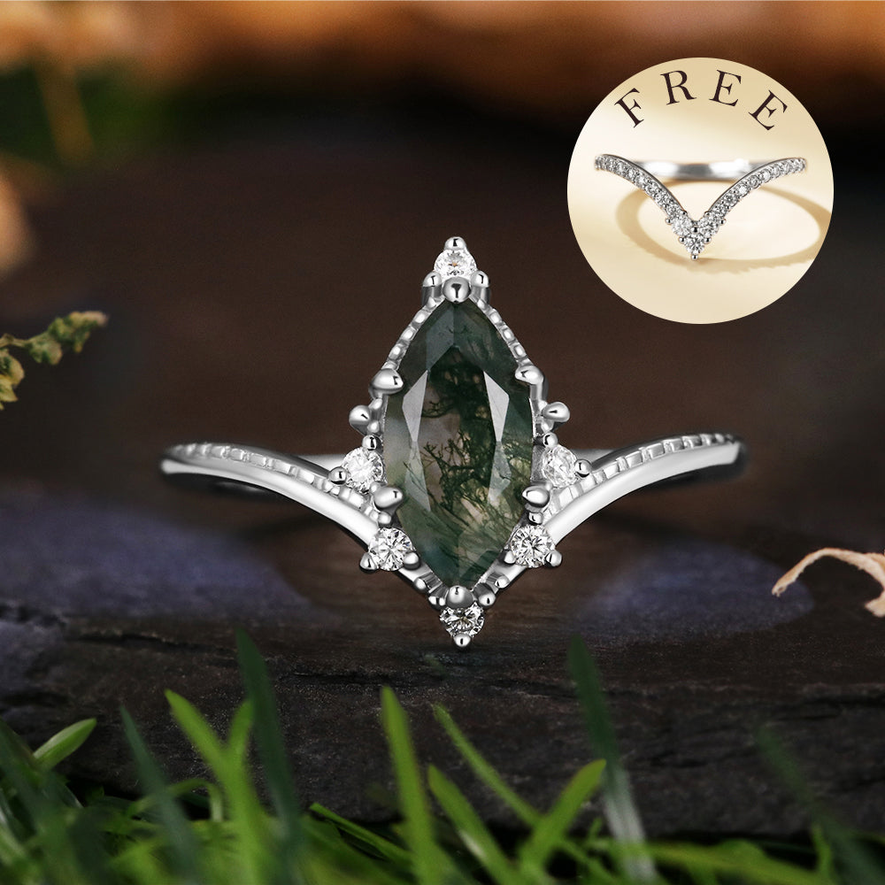 [Buy 1 Get 1 Free]Vintage 5*10 Marquise Cut Moss Agate Retro Claw 6 Prong Bridal ring Set