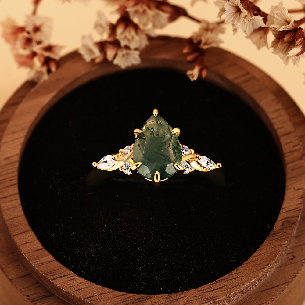 Pear Cut Moss Agate Nature Inspired Unique Teardrop Cluster Engagement Ring