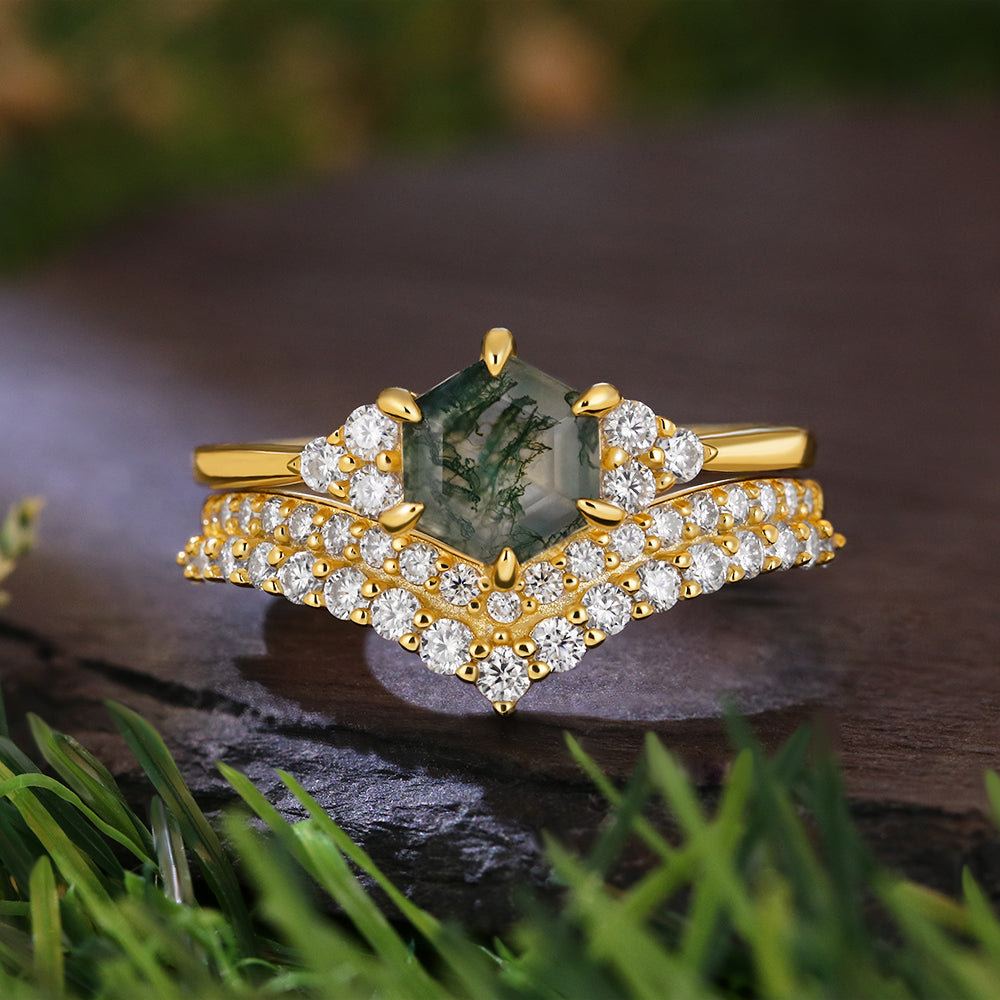 Vintage Unique 6*6 Hexagon Cut Moss Agate Retro Claw 6 Pron Bridal Set