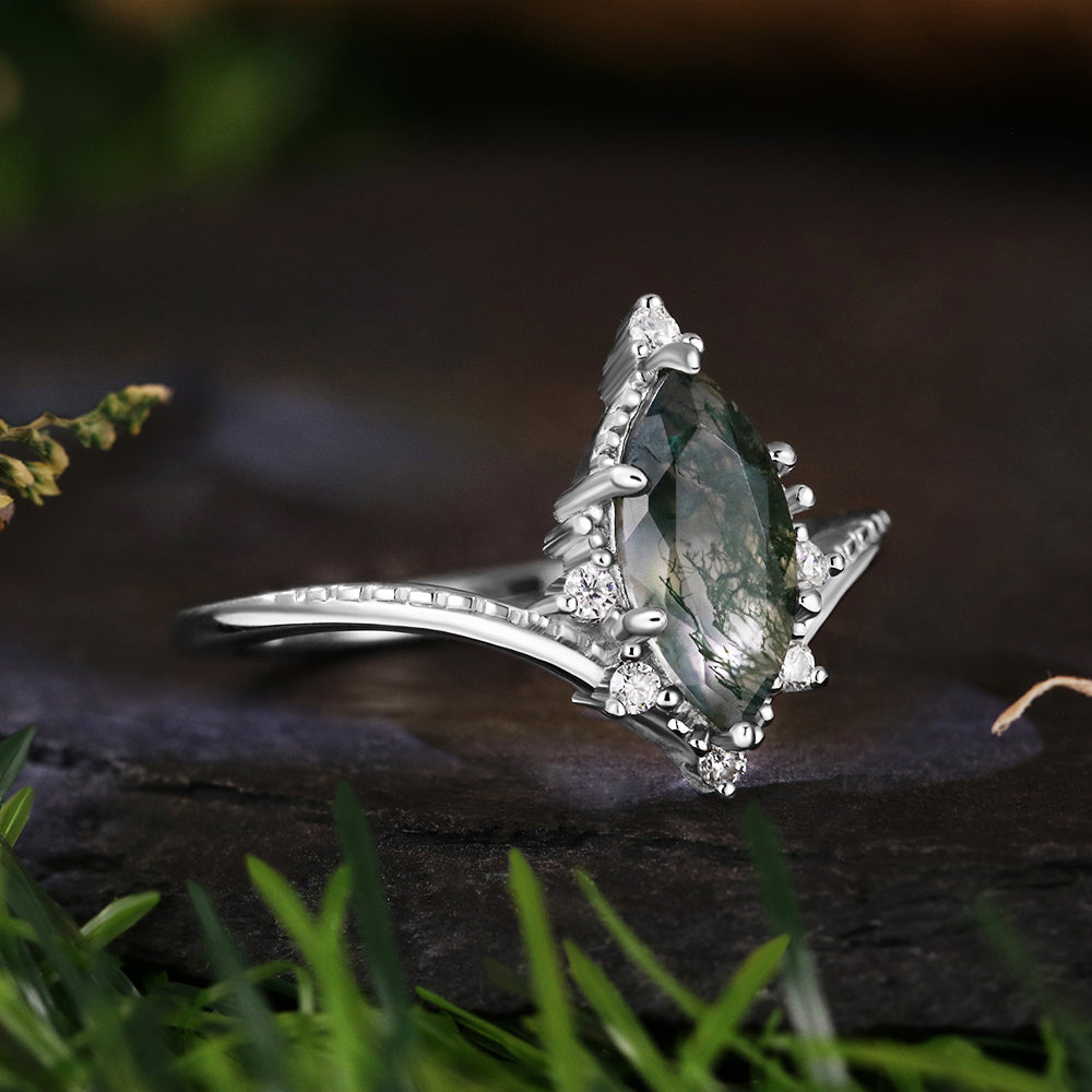 Vintage 5*10 Marquise Cut Moss Agate Retro Claw 6 Prong Engagement Ring