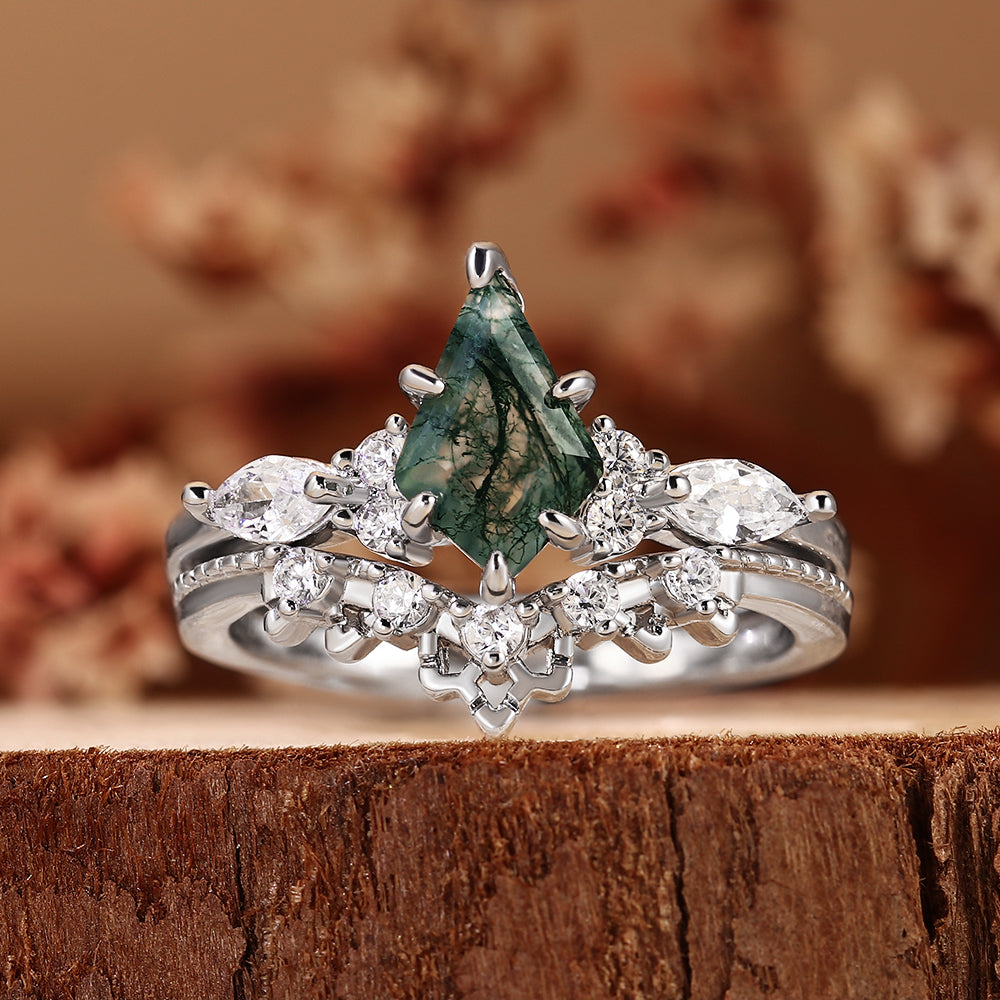 Vintage Nature Inspired Kite Cut Moss Agate Bridal Ring Set with Curved Matching Band