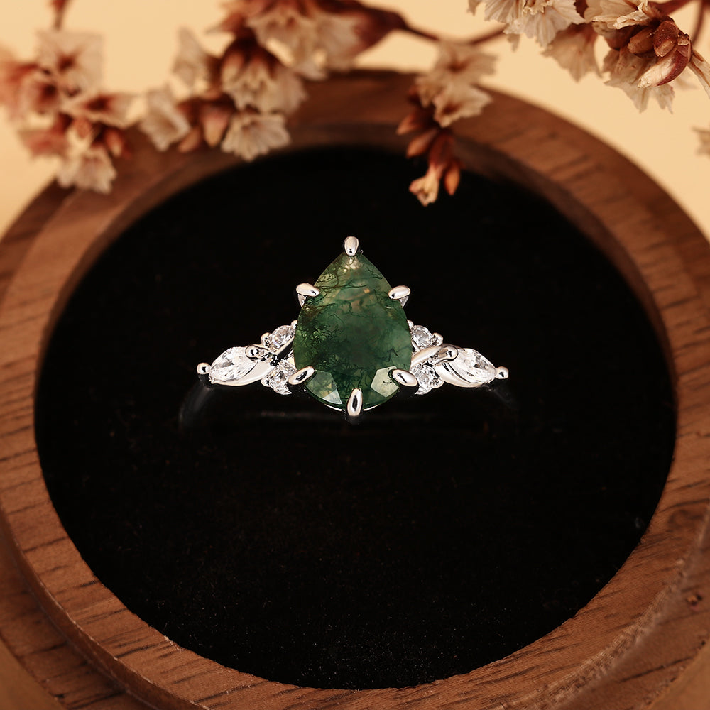 Pear Cut Moss Agate Nature Inspired Unique Teardrop Cluster Engagement Ring