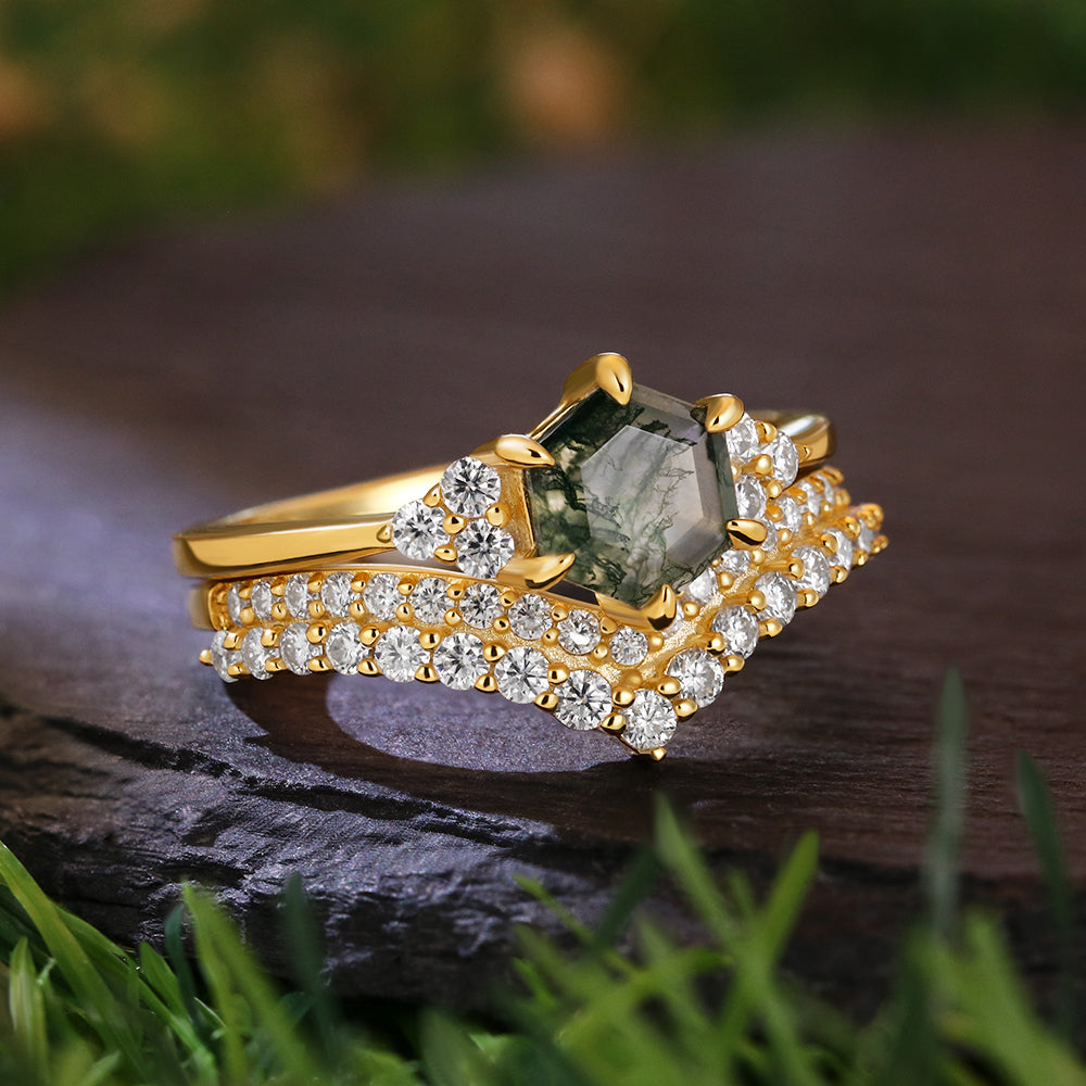 Vintage Unique 6*6 Hexagon Cut Moss Agate Retro Claw 6 Pron Bridal Set