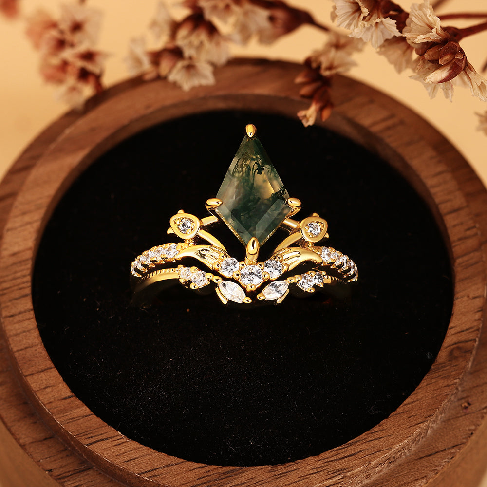 Enchanted Fairycore Kite Cut Moss Agate Bridal Ring Set, Unique Elven Inspired Wedding Ring Set
