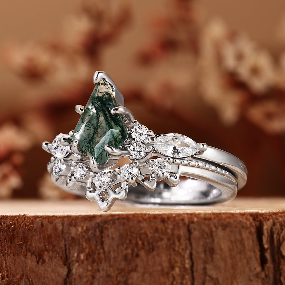 Vintage Nature Inspired Kite Cut Moss Agate Bridal Ring Set with Curved Matching Band
