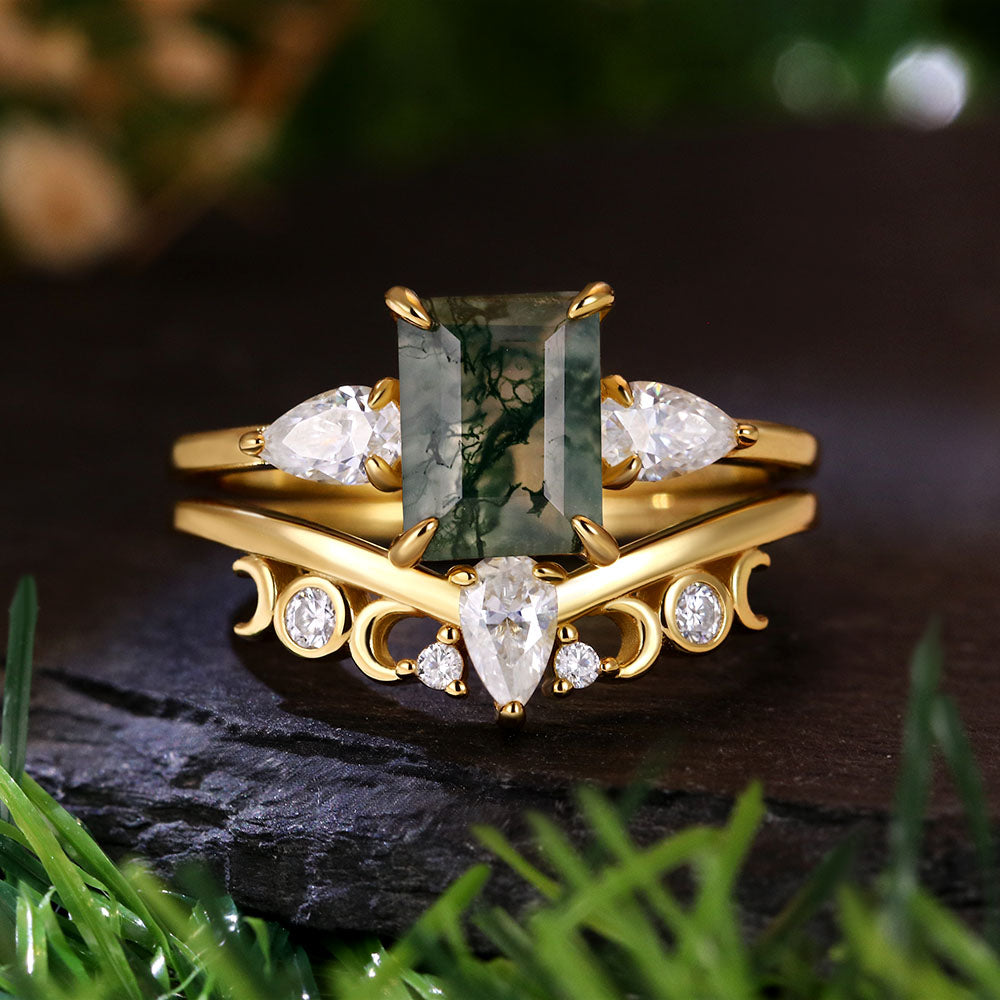 [Buy 1 Get 1 Free]6x8 Emerald Cut Moss Agate Three Stone Ring Unique Bridal Ring Set