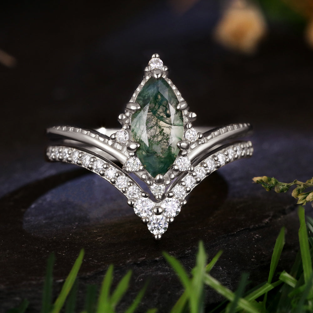 Vintage 5*10 Marquise Cut Moss Agate Retro Claw 6 Prong Bridal ring Set