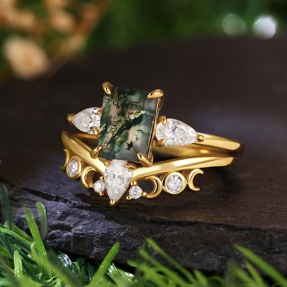 6x8 Emerald Cut Moss Agate Three Stone Ring Unique Bridal Ring Set