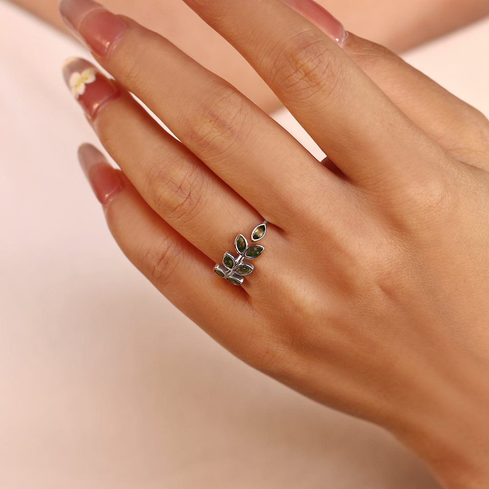 2x4mm Marquise Cut Moss Agate Leaf Vine Silver Nature Inspired Engagement Ring