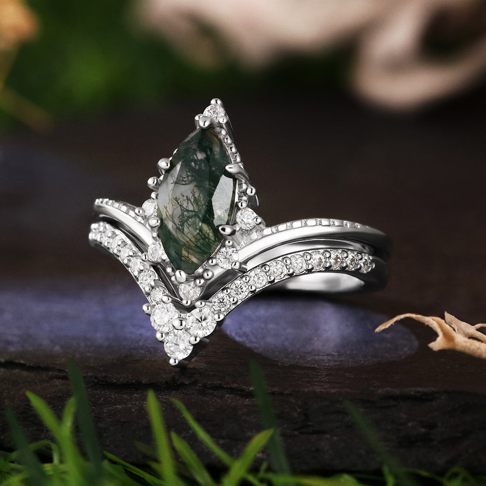 Vintage 5*10 Marquise Cut Moss Agate Retro Claw 6 Prong Bridal ring Set