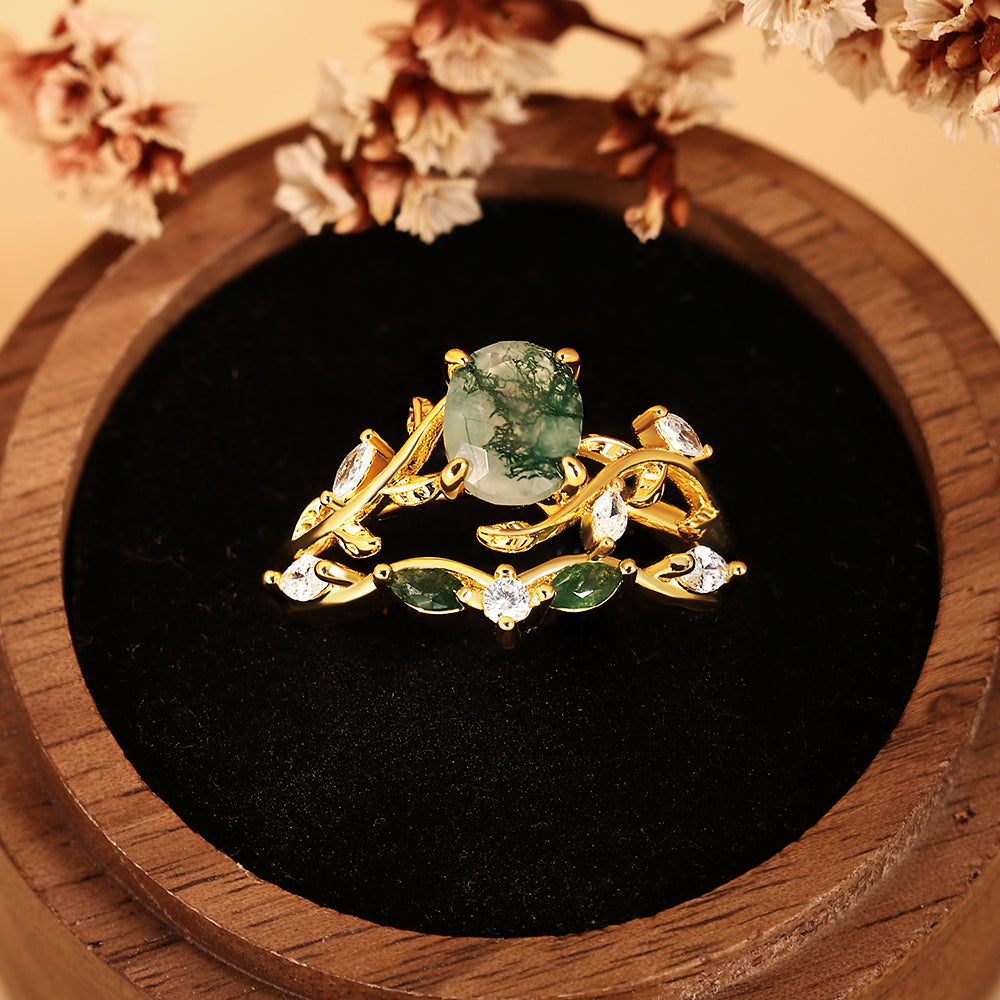 Vintage Oval Moss Agate Ring Set Nature Inspired Leaf Twig Engagement Ring Stacking Wedding Bridal Set