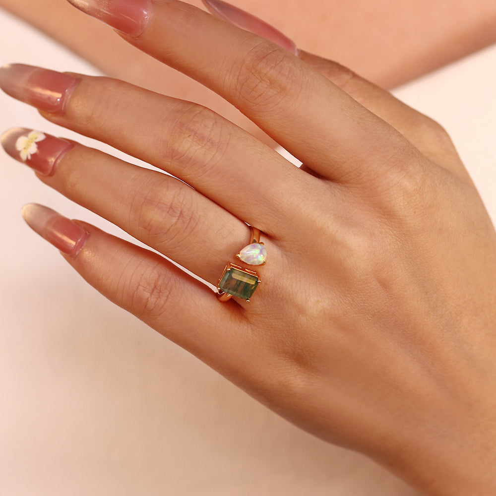 7x9mm Emerald Cut Moss Agate & 6x8mm Pear Cut Opal Toi Et Moi Vintage Engagement Ring