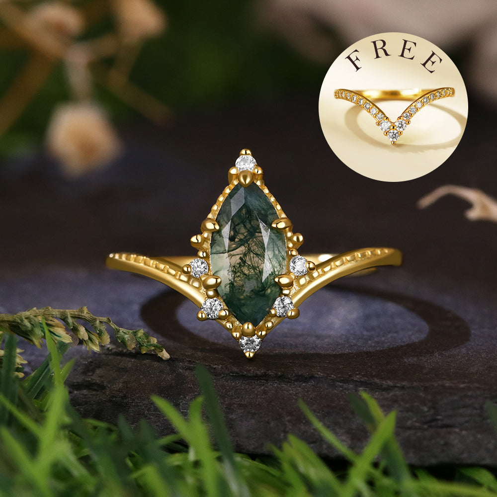 [Buy 1 Get 1 Free]Vintage 5*10 Marquise Cut Moss Agate Retro Claw 6 Prong Bridal ring Set