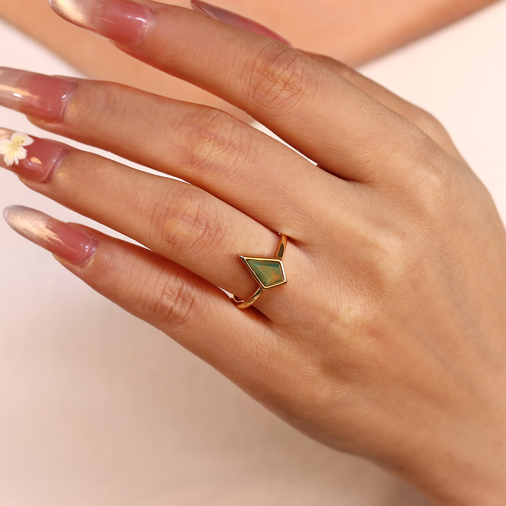 6x9mm Kite Cut Moss Agate Geometric Minimalist Engagement Ring