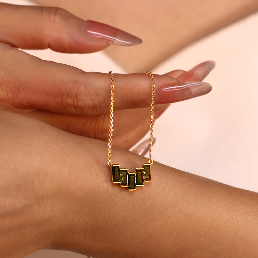 Geometric Staggered 3x6mm Baguette Cut Natural Moss Agate Pendant Necklace