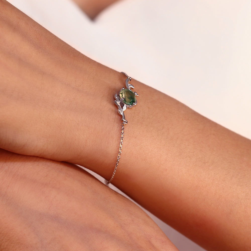 Twig Wrapped 8mm Round Cut Natural Moss Agate Bracelet