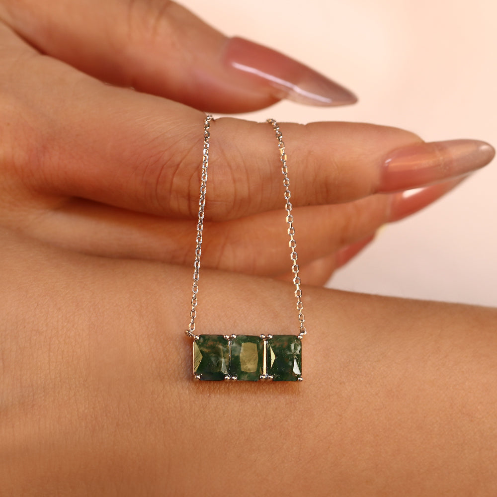 Three-Stone 6x8mm Radiant Cut Natural Moss Agate Pendant Necklace