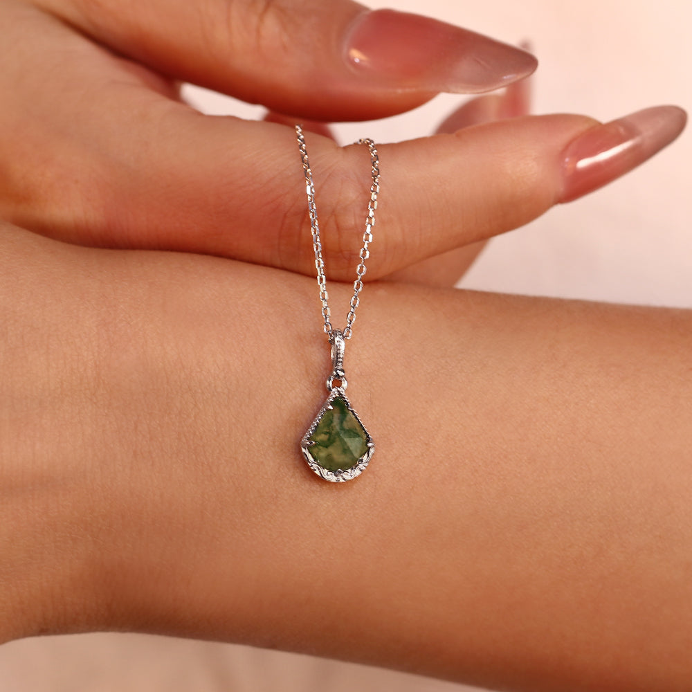 12x14mm Custom Fan-Shaped Cut Moss Agate Pendant Necklace