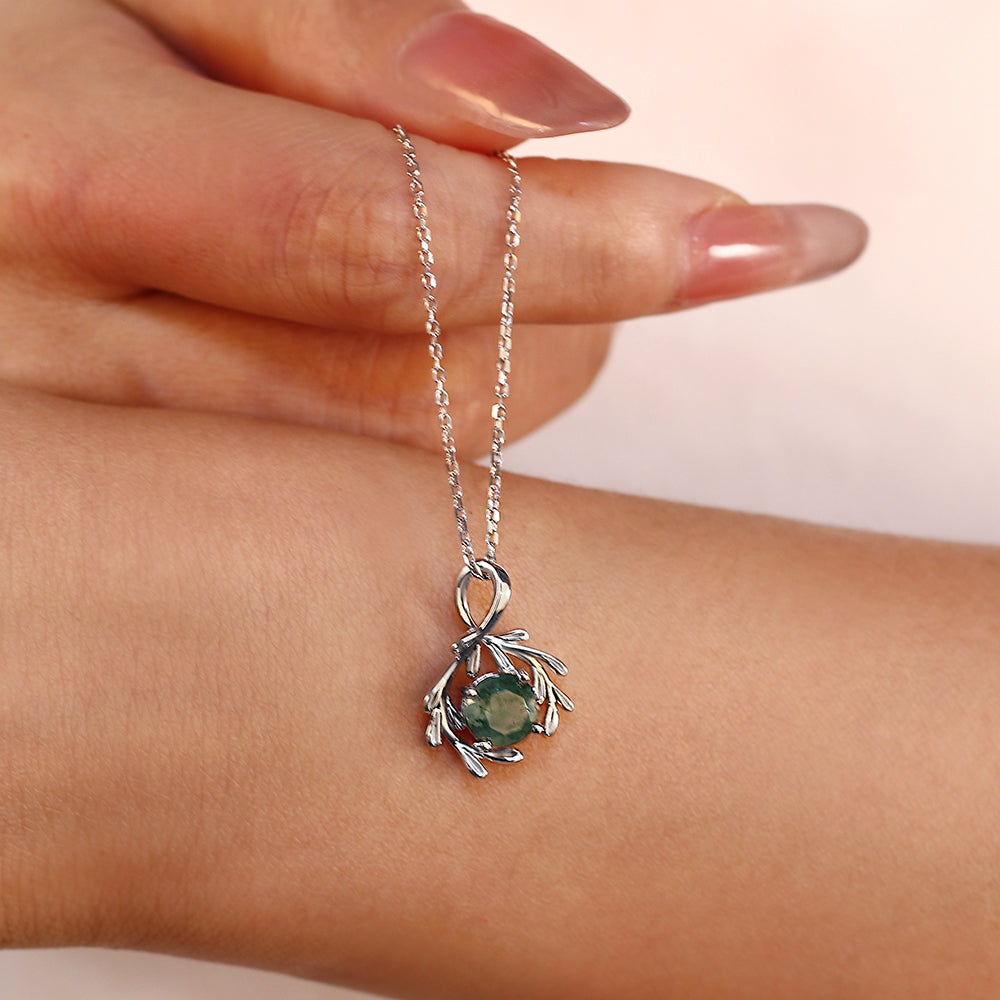 Twig Wrapped 8mm Round Cut Natural Moss Agate Pendant Necklace