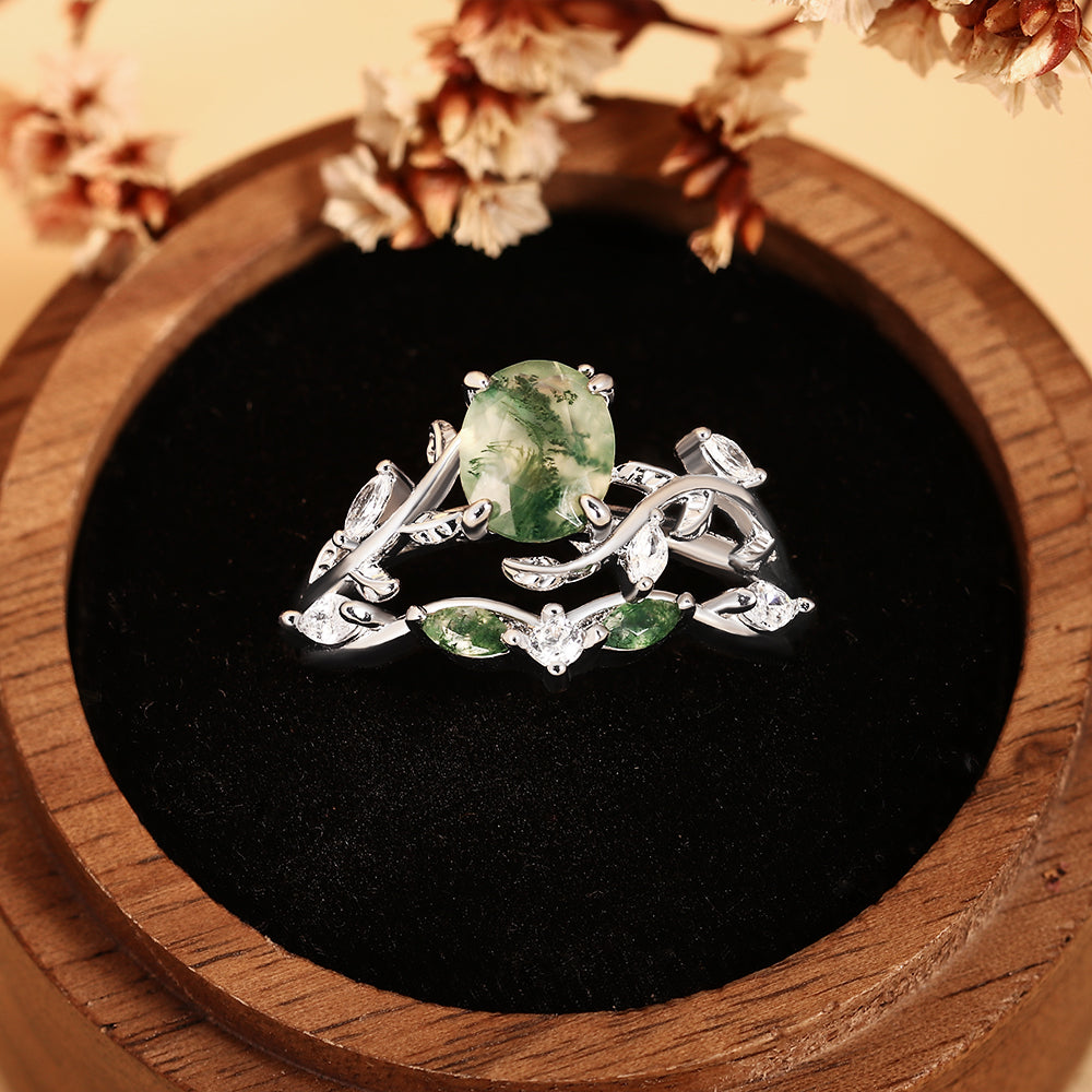 Vintage Oval Moss Agate Ring Set Nature Inspired Leaf Twig Engagement Ring Stacking Wedding Bridal Set
