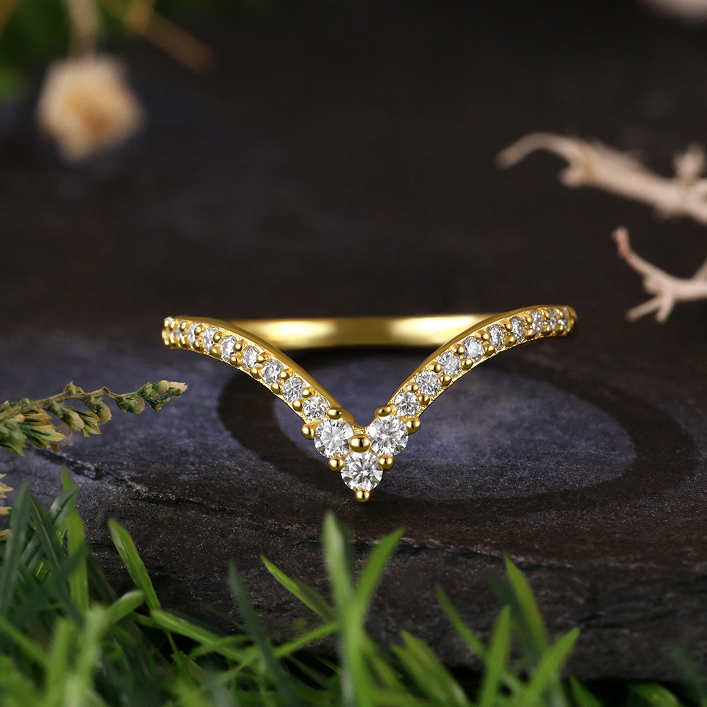 Round Cut Moissanite Unique Curved V Shaped Wedding Band